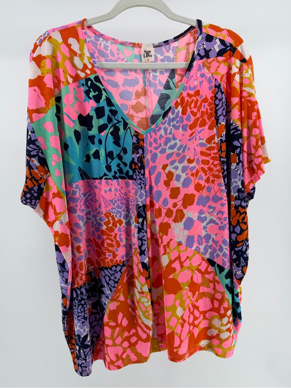 Sew in Love Multicolor Patchwork Short Sleeve V-Neck Stretch Top, Women's 2X